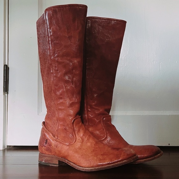 🧡 Frye Cognac Knee-high Pull-on Tall Leather Boots Narrow Calf - Picture 3 of 6